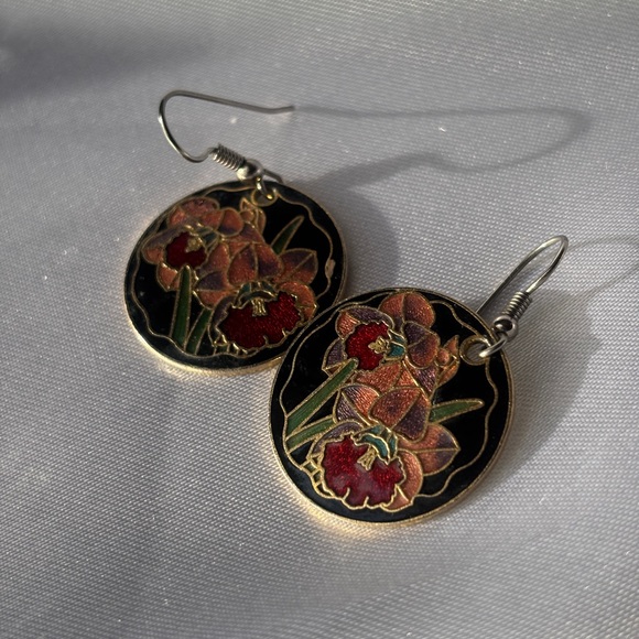 EUC Vintage Cloisonné Floral Gold-Tone Enamel Drop Dangle Earrings with Orchids - Picture 4 of 11